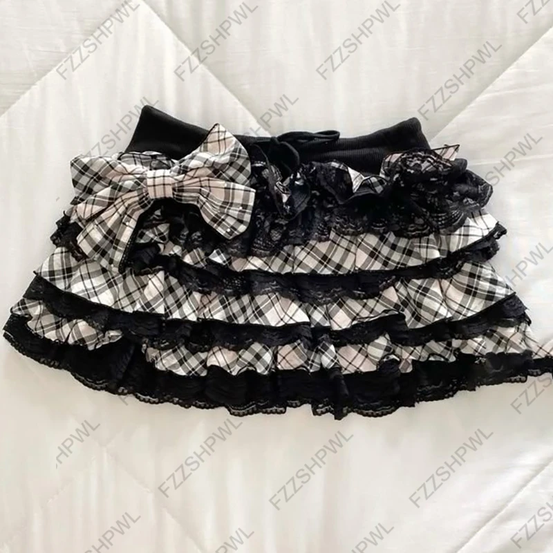Fashion Subculture Unique Y2K Dress Bowknot Harajuku Gothic Lace Mini Skirt Streetwear Punk Spicy Girls Low Rise Skirts Hip Hop