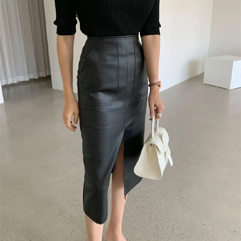 CM.YAYA Women High Waist PU Leather Vintage Straight Split Skirt 2025 Winter Street Pockets Basic Club Party Long Midi Skirts
