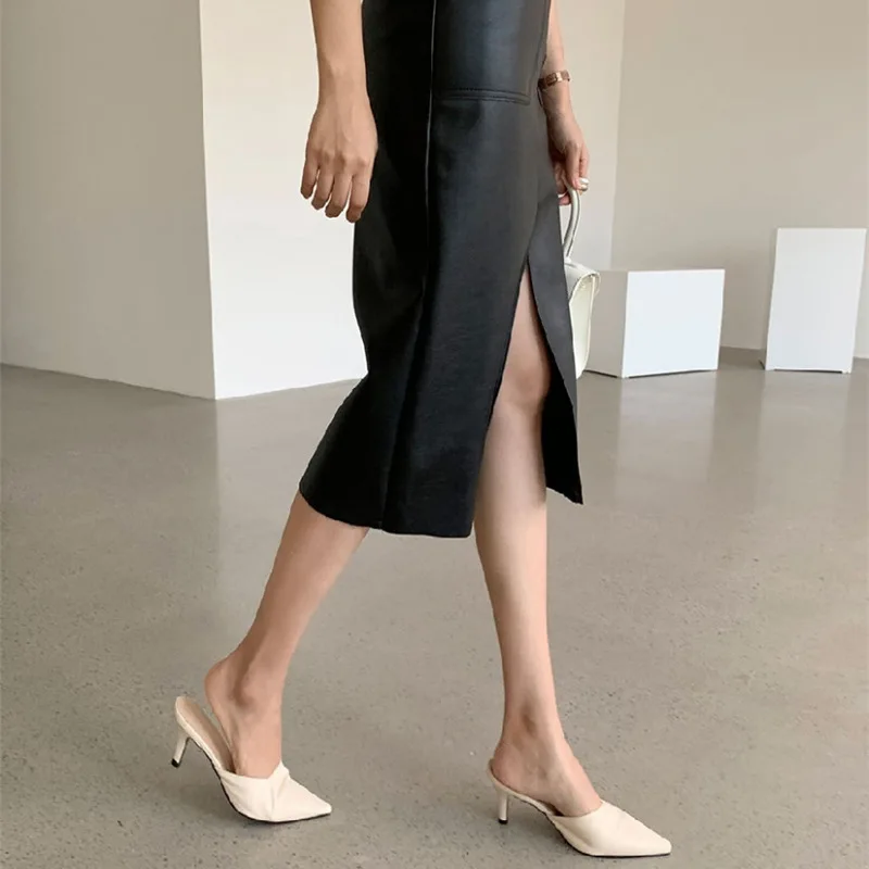 CM.YAYA Women High Waist PU Leather Vintage Straight Split Skirt 2025 Winter Street Pockets Basic Club Party Long Midi Skirts