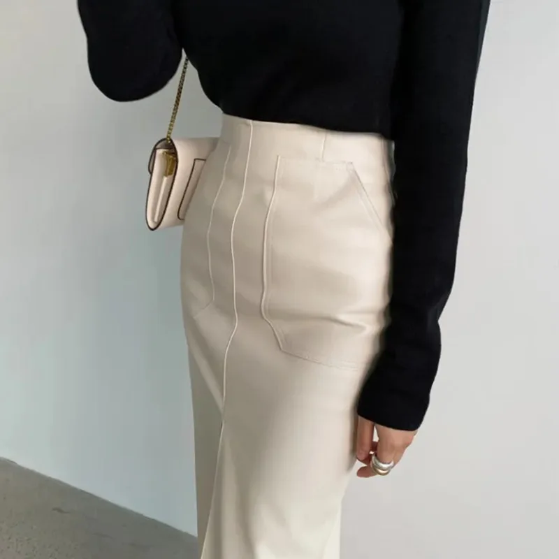 CM.YAYA Women High Waist PU Leather Vintage Straight Split Skirt 2025 Winter Street Pockets Basic Club Party Long Midi Skirts