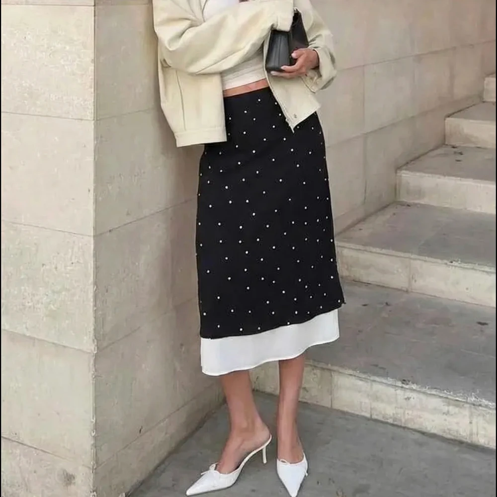 Talenza Women's Elegant Polka Dot Maxi Skirt Summer Print Contrast Slit Patchwork Casual Skirt Vintage High Waist Female Skirts