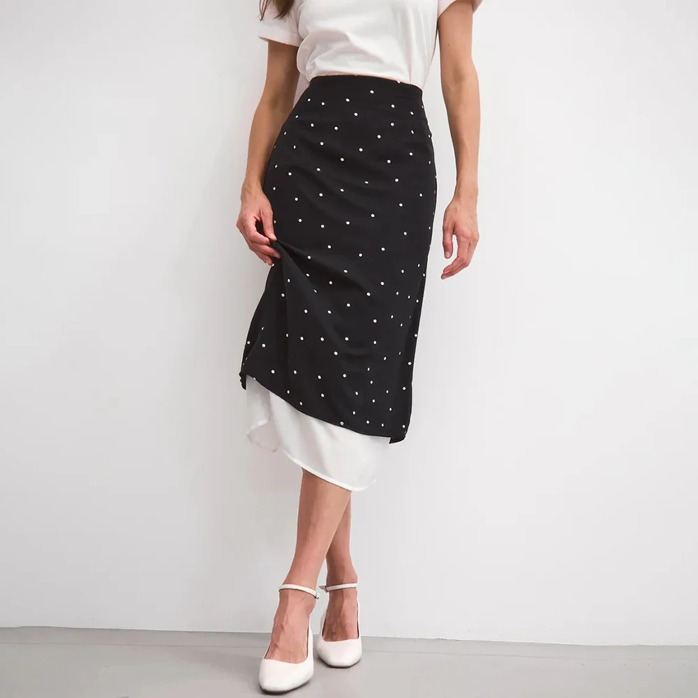 Talenza Women's Elegant Polka Dot Maxi Skirt Summer Print Contrast Slit Patchwork Casual Skirt Vintage High Waist Female Skirts