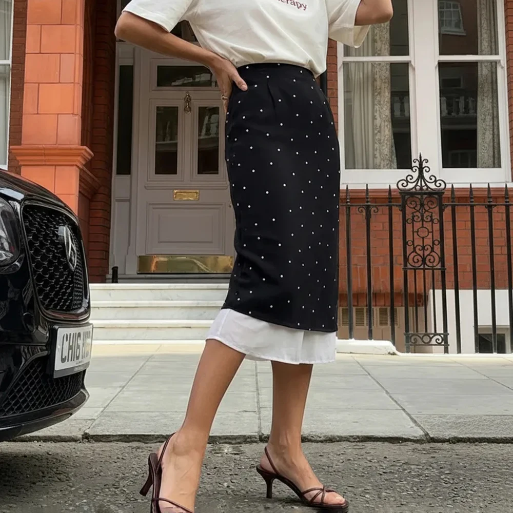 Talenza Women's Elegant Polka Dot Maxi Skirt Summer Print Contrast Slit Patchwork Casual Skirt Vintage High Waist Female Skirts