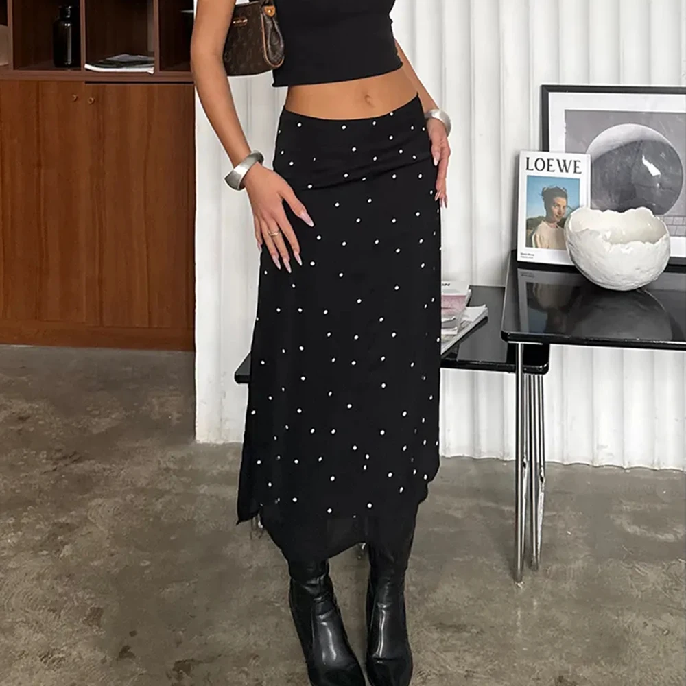 Talenza Women's Elegant Polka Dot Maxi Skirt Summer Print Contrast Slit Patchwork Casual Skirt Vintage High Waist Female Skirts
