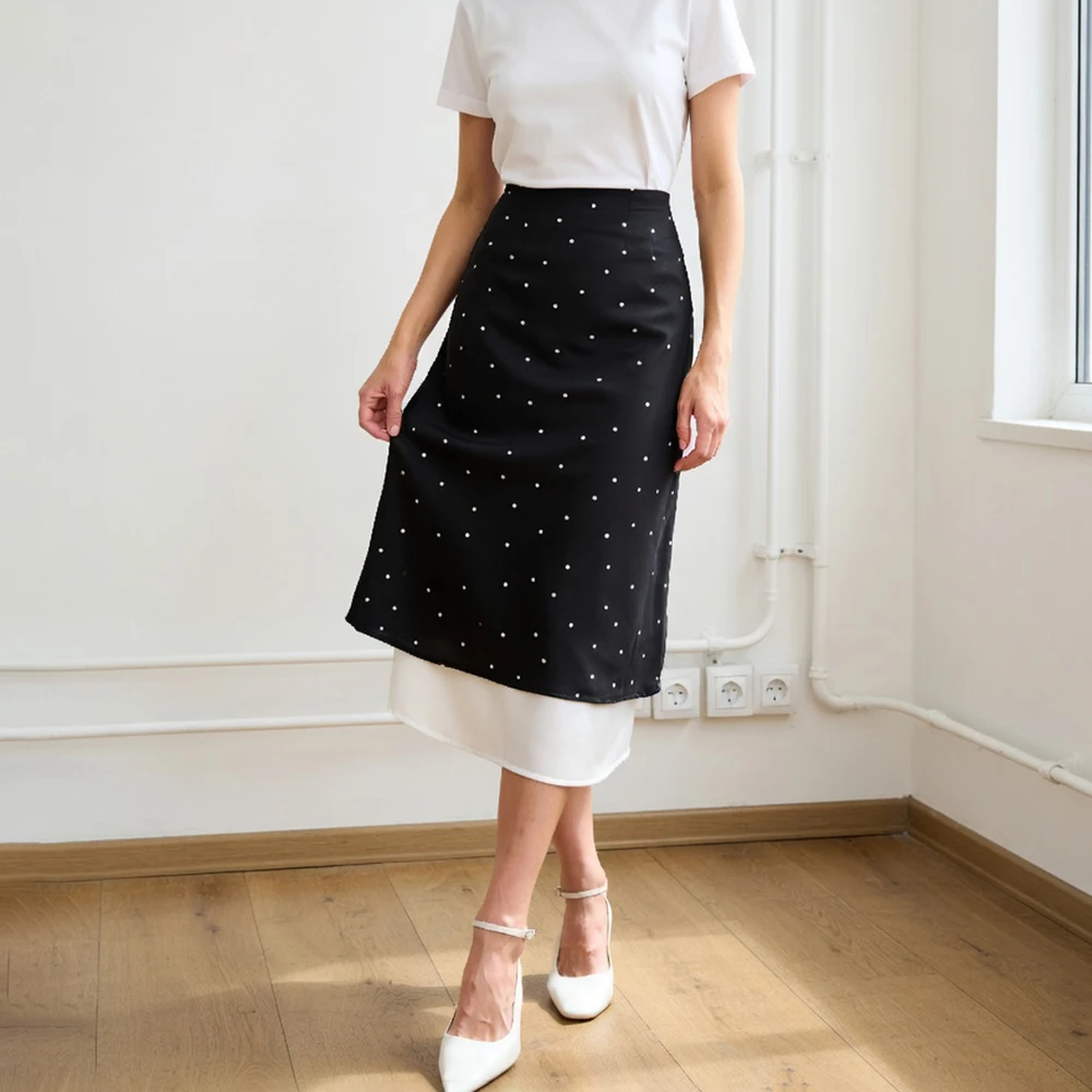 Talenza Women's Elegant Polka Dot Maxi Skirt Summer Print Contrast Slit Patchwork Casual Skirt Vintage High Waist Female Skirts