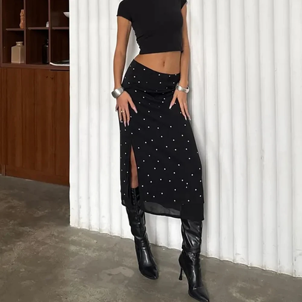 Talenza Women's Elegant Polka Dot Maxi Skirt Summer Print Contrast Slit Patchwork Casual Skirt Vintage High Waist Female Skirts