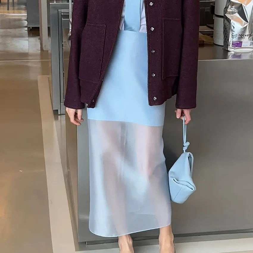 Women Fashion See Through High Waist Long Skirt New Summer Sexy Straight Skirt Office Commuting Casual Splice Lady Skirts