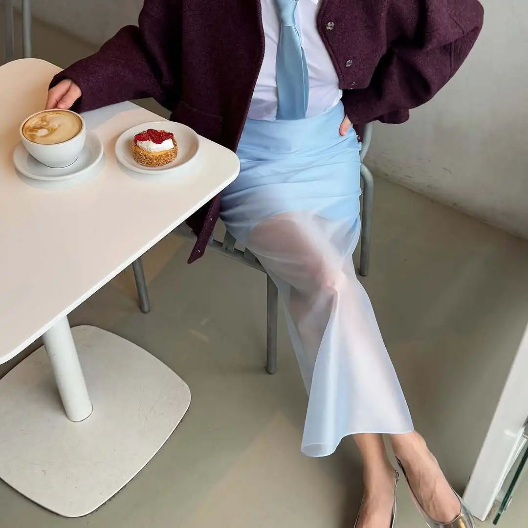 Women Fashion See Through High Waist Long Skirt New Summer Sexy Straight Skirt Office Commuting Casual Splice Lady Skirts