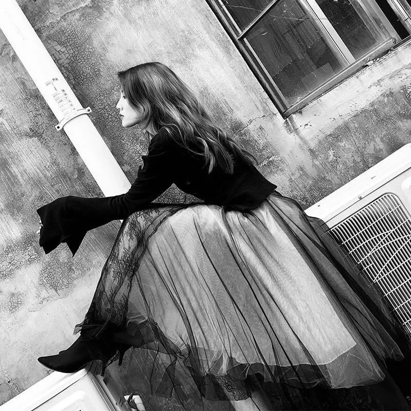 Harajuku Punk Long Skirts For Women Patchwork Gauze Chic Jupe 2026 Faldas Mujer De Moda Japanese Lace A-line Streetwear Skirt