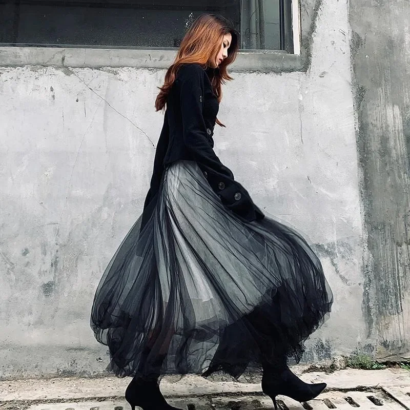 Harajuku Punk Long Skirts For Women Patchwork Gauze Chic Jupe 2026 Faldas Mujer De Moda Japanese Lace A-line Streetwear Skirt