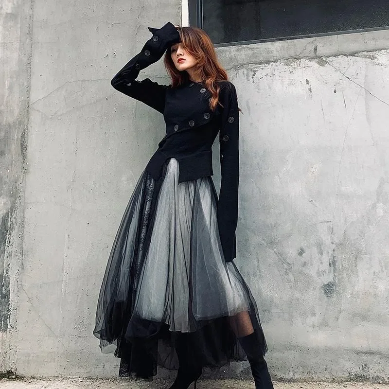 Harajuku Punk Long Skirts For Women Patchwork Gauze Chic Jupe 2026 Faldas Mujer De Moda Japanese Lace A-line Streetwear Skirt
