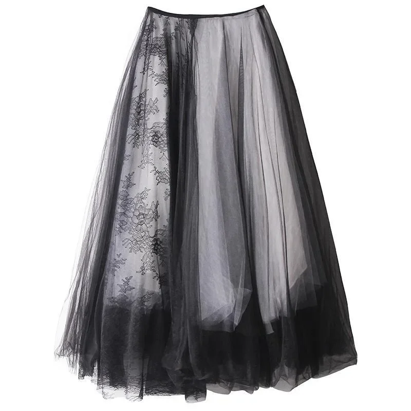 Harajuku Punk Long Skirts For Women Patchwork Gauze Chic Jupe 2026 Faldas Mujer De Moda Japanese Lace A-line Streetwear Skirt