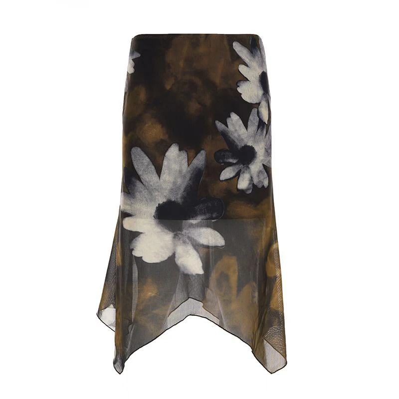 MEXZT Vintage Floral Midi Skirt Women Y2K Harajuku Mesh Asymmetrical Skirts Summer Sexy Gyaru Grunge Design A Line Faldas New