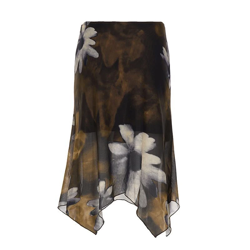 MEXZT Vintage Floral Midi Skirt Women Y2K Harajuku Mesh Asymmetrical Skirts Summer Sexy Gyaru Grunge Design A Line Faldas New