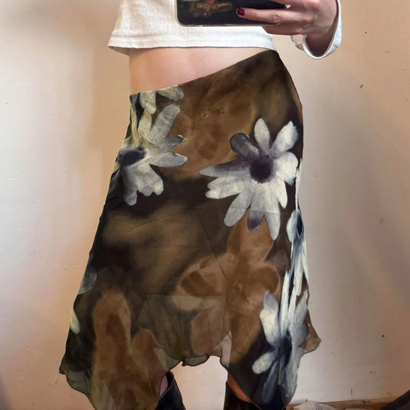 MEXZT Vintage Floral Midi Skirt Women Y2K Harajuku Mesh Asymmetrical Skirts Summer Sexy Gyaru Grunge Design A Line Faldas New