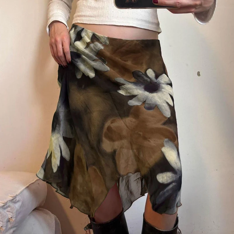 MEXZT Vintage Floral Midi Skirt Women Y2K Harajuku Mesh Asymmetrical Skirts Summer Sexy Gyaru Grunge Design A Line Faldas New