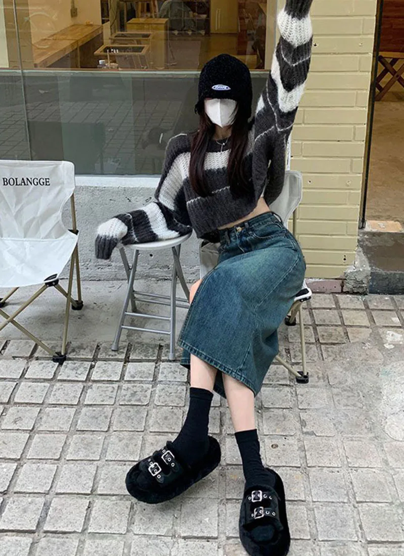 Lucyever Vintage Blue Front Slit Denim Skirt Women 2025 Spring Fashion High Waist Midi Skirts Female Casual Straight Long Skirt