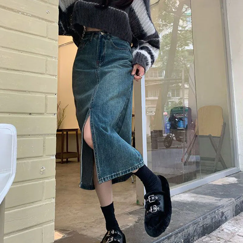Lucyever Vintage Blue Front Slit Denim Skirt Women 2025 Spring Fashion High Waist Midi Skirts Female Casual Straight Long Skirt