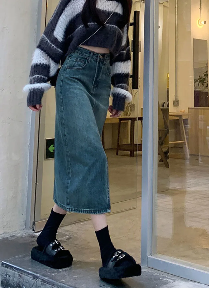 Lucyever Vintage Blue Front Slit Denim Skirt Women 2025 Spring Fashion High Waist Midi Skirts Female Casual Straight Long Skirt