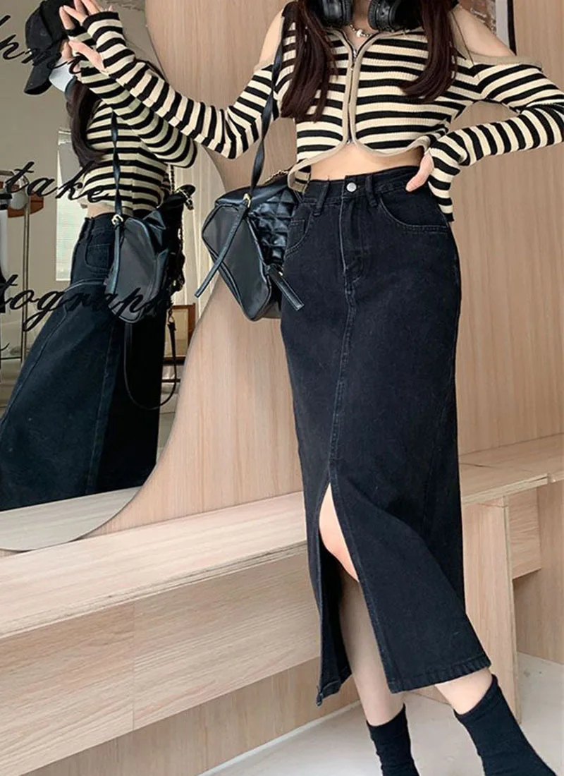 Lucyever Vintage Blue Front Slit Denim Skirt Women 2025 Spring Fashion High Waist Midi Skirts Female Casual Straight Long Skirt
