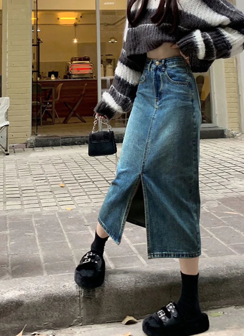 Lucyever Vintage Blue Front Slit Denim Skirt Women 2025 Spring Fashion High Waist Midi Skirts Female Casual Straight Long Skirt