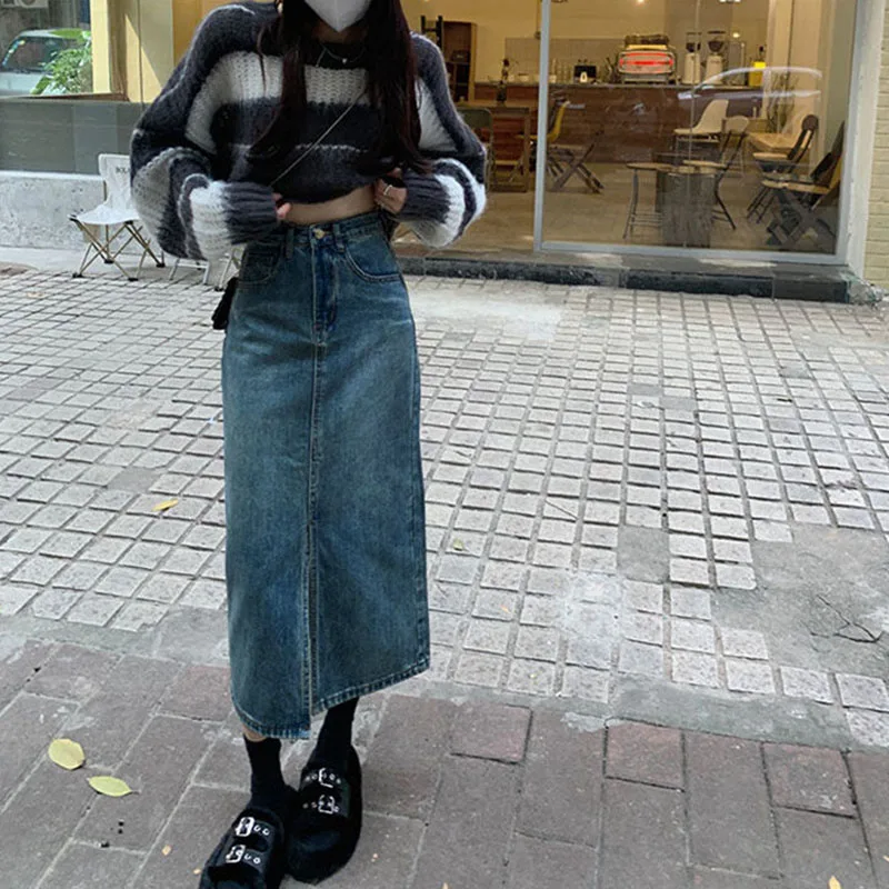 Lucyever Vintage Blue Front Slit Denim Skirt Women 2025 Spring Fashion High Waist Midi Skirts Female Casual Straight Long Skirt