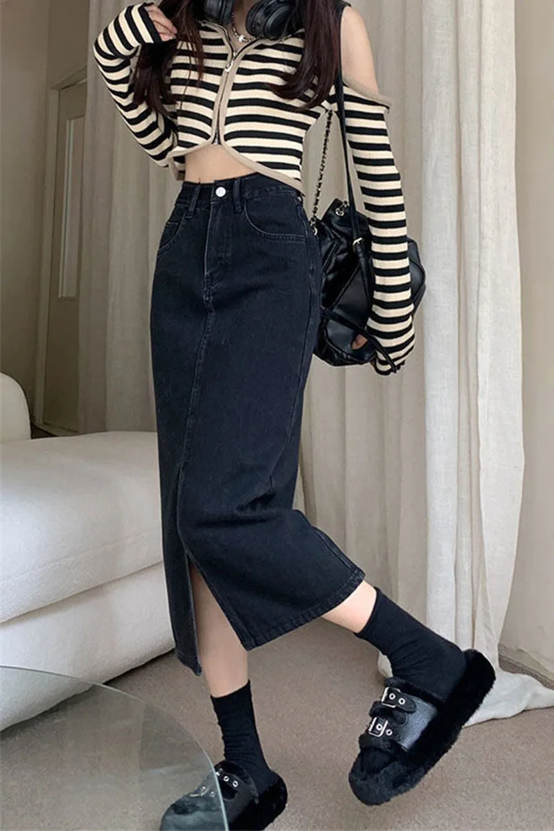 Lucyever Vintage Blue Front Slit Denim Skirt Women 2025 Spring Fashion High Waist Midi Skirts Female Casual Straight Long Skirt
