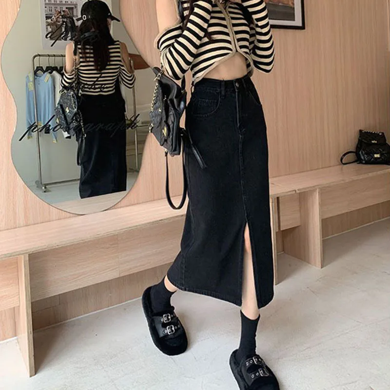 Lucyever Vintage Blue Front Slit Denim Skirt Women 2025 Spring Fashion High Waist Midi Skirts Female Casual Straight Long Skirt
