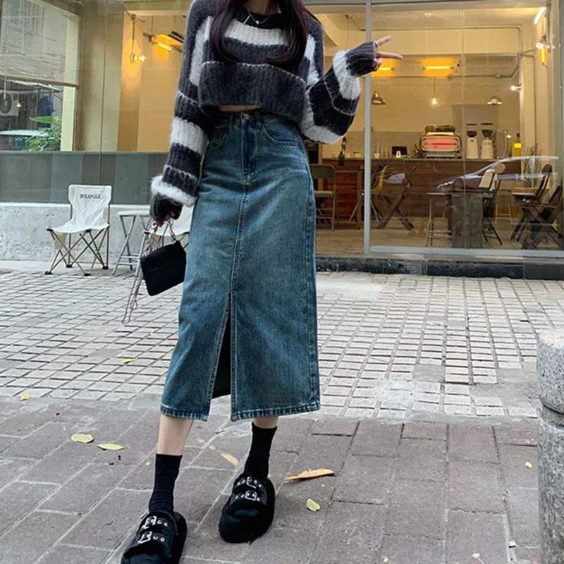 Lucyever Vintage Blue Front Slit Denim Skirt Women 2025 Spring Fashion High Waist Midi Skirts Female Casual Straight Long Skirt