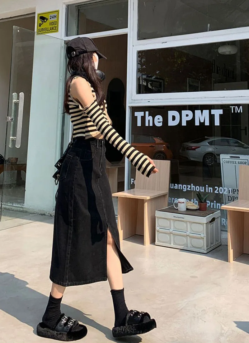 Lucyever Vintage Blue Front Slit Denim Skirt Women 2025 Spring Fashion High Waist Midi Skirts Female Casual Straight Long Skirt