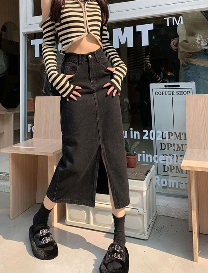 Lucyever Vintage Blue Front Slit Denim Skirt Women 2025 Spring Fashion High Waist Midi Skirts Female Casual Straight Long Skirt