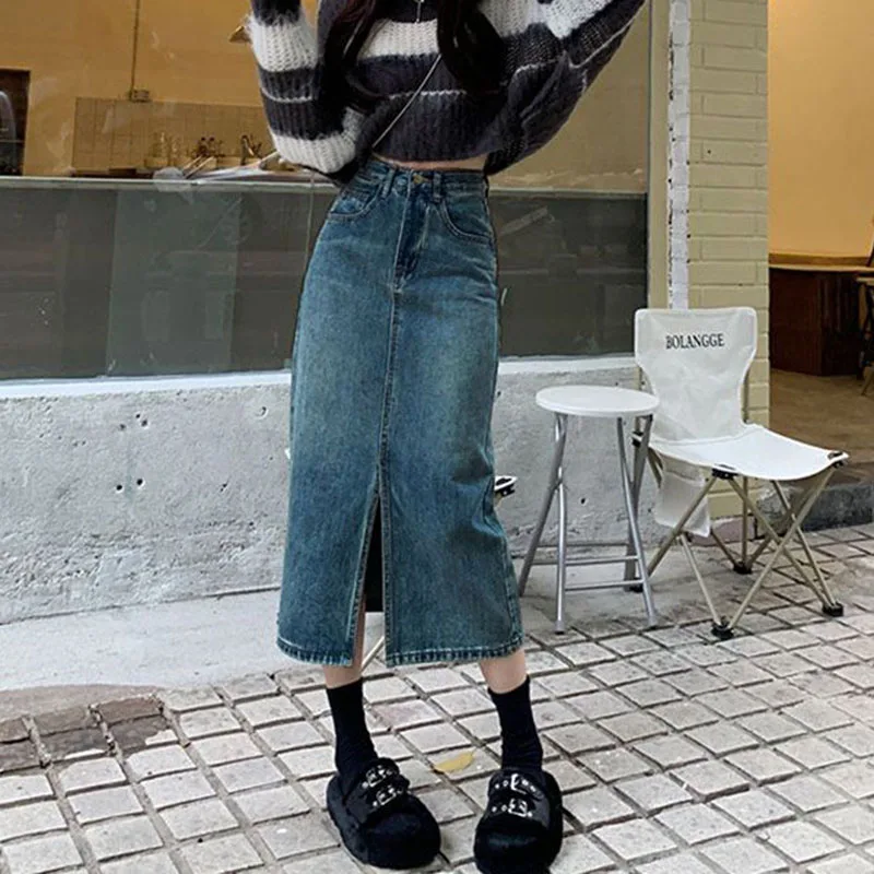 Lucyever Vintage Blue Front Slit Denim Skirt Women 2025 Spring Fashion High Waist Midi Skirts Female Casual Straight Long Skirt