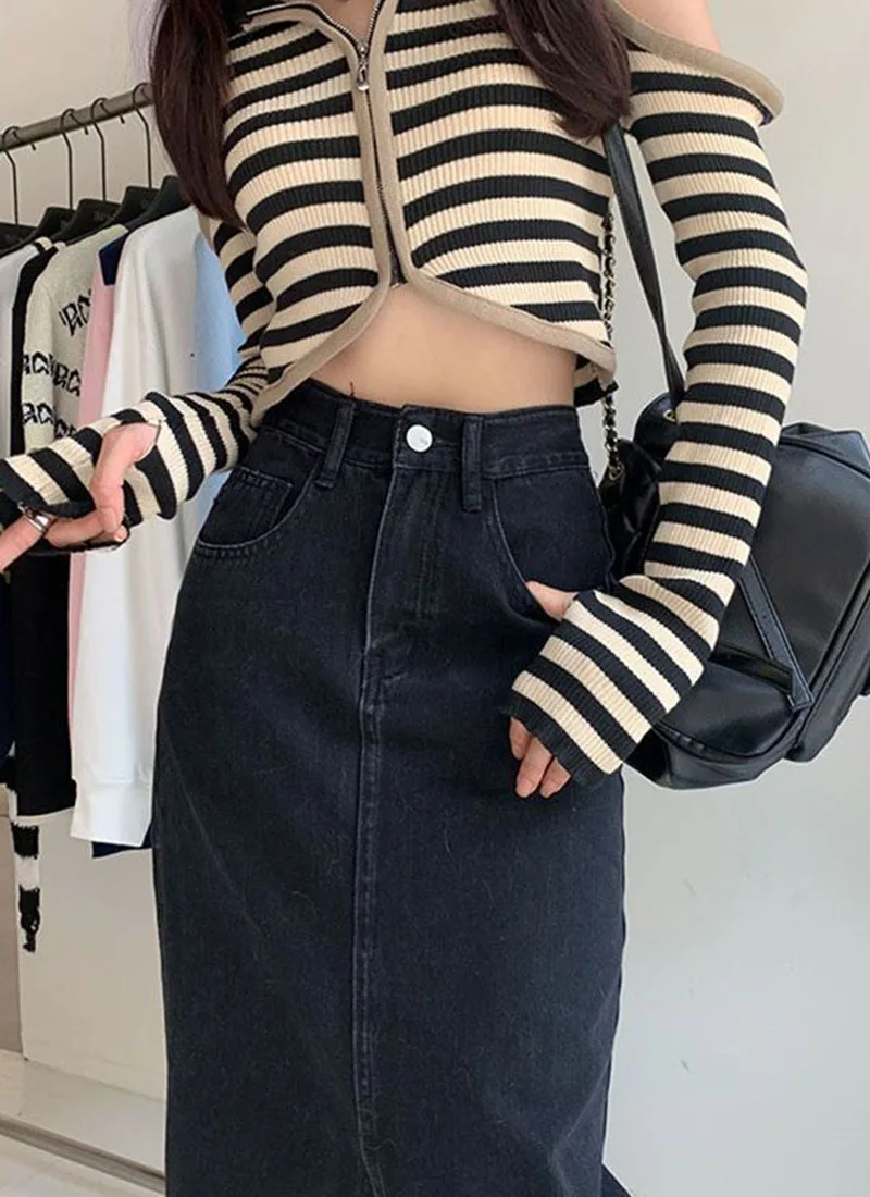 Lucyever Vintage Blue Front Slit Denim Skirt Women 2025 Spring Fashion High Waist Midi Skirts Female Casual Straight Long Skirt