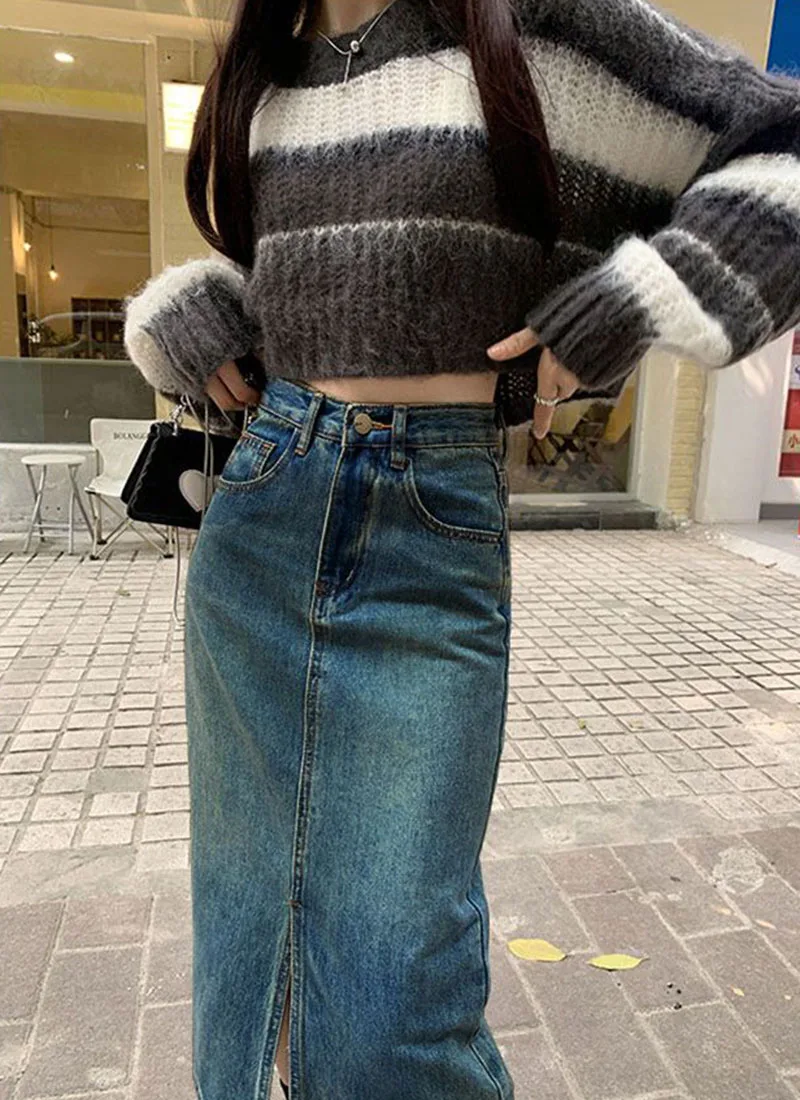 Lucyever Vintage Blue Front Slit Denim Skirt Women 2025 Spring Fashion High Waist Midi Skirts Female Casual Straight Long Skirt
