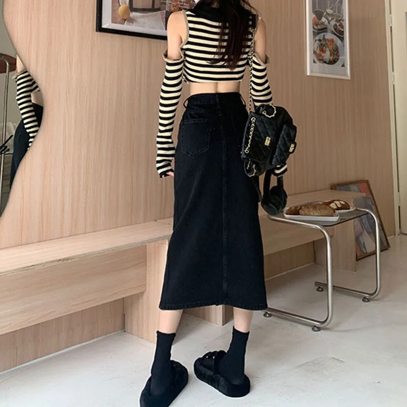 Lucyever Vintage Blue Front Slit Denim Skirt Women 2025 Spring Fashion High Waist Midi Skirts Female Casual Straight Long Skirt