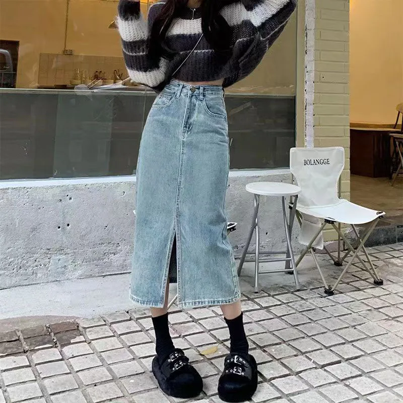 Lucyever Vintage Blue Front Slit Denim Skirt Women 2025 Spring Fashion High Waist Midi Skirts Female Casual Straight Long Skirt
