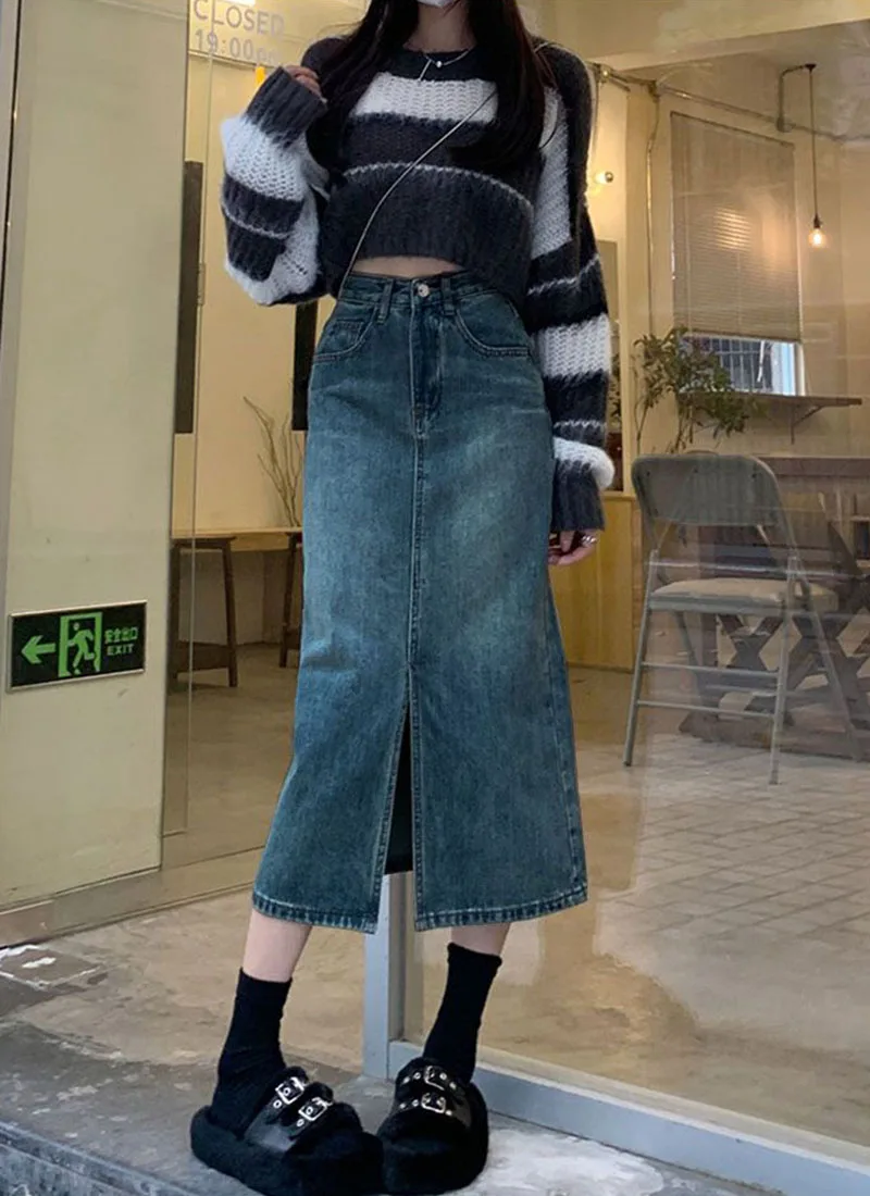 Lucyever Vintage Blue Front Slit Denim Skirt Women 2025 Spring Fashion High Waist Midi Skirts Female Casual Straight Long Skirt