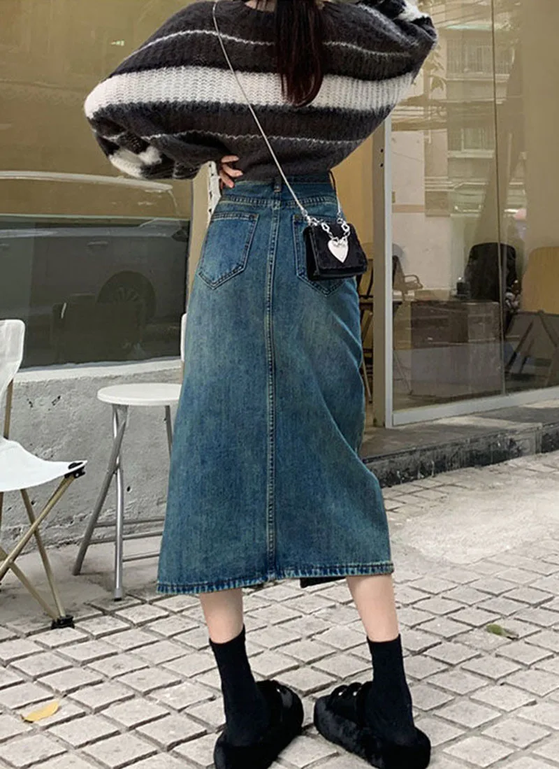 Lucyever Vintage Blue Front Slit Denim Skirt Women 2025 Spring Fashion High Waist Midi Skirts Female Casual Straight Long Skirt