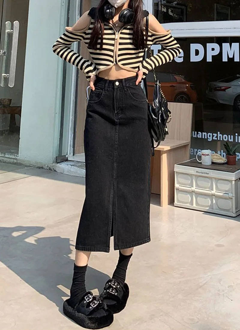 Lucyever Vintage Blue Front Slit Denim Skirt Women 2025 Spring Fashion High Waist Midi Skirts Female Casual Straight Long Skirt