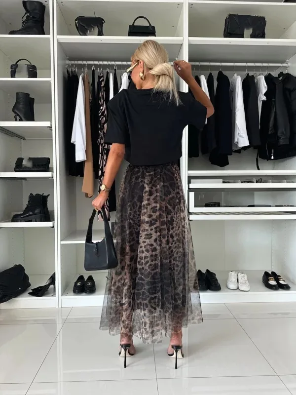 Women's Leopard Print Skirt With Elastic Waist And Large Swing Mesh Sexy Autumn And Winter Versatile New Ladies's Skirt 2024