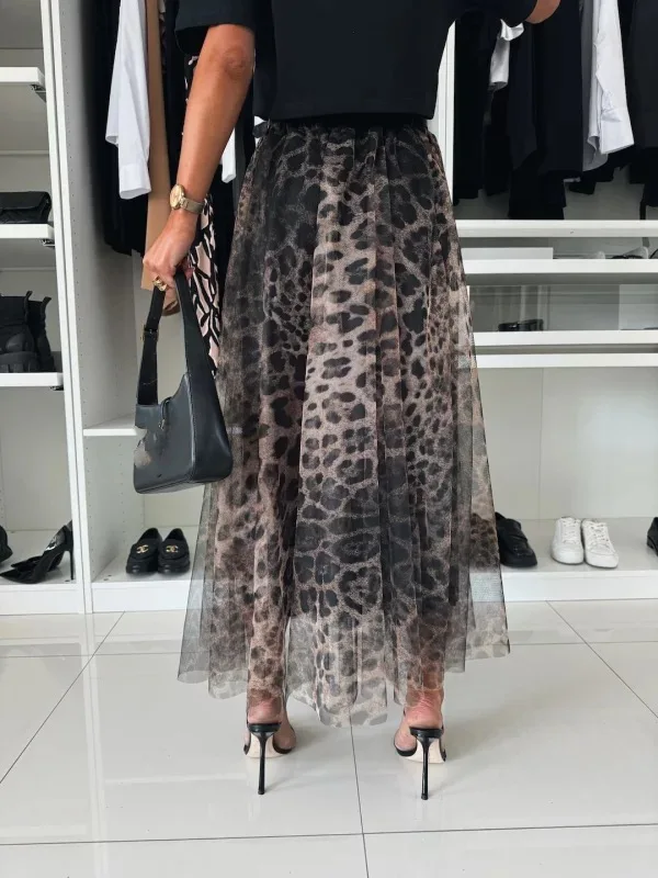 Women's Leopard Print Skirt With Elastic Waist And Large Swing Mesh Sexy Autumn And Winter Versatile New Ladies's Skirt 2024