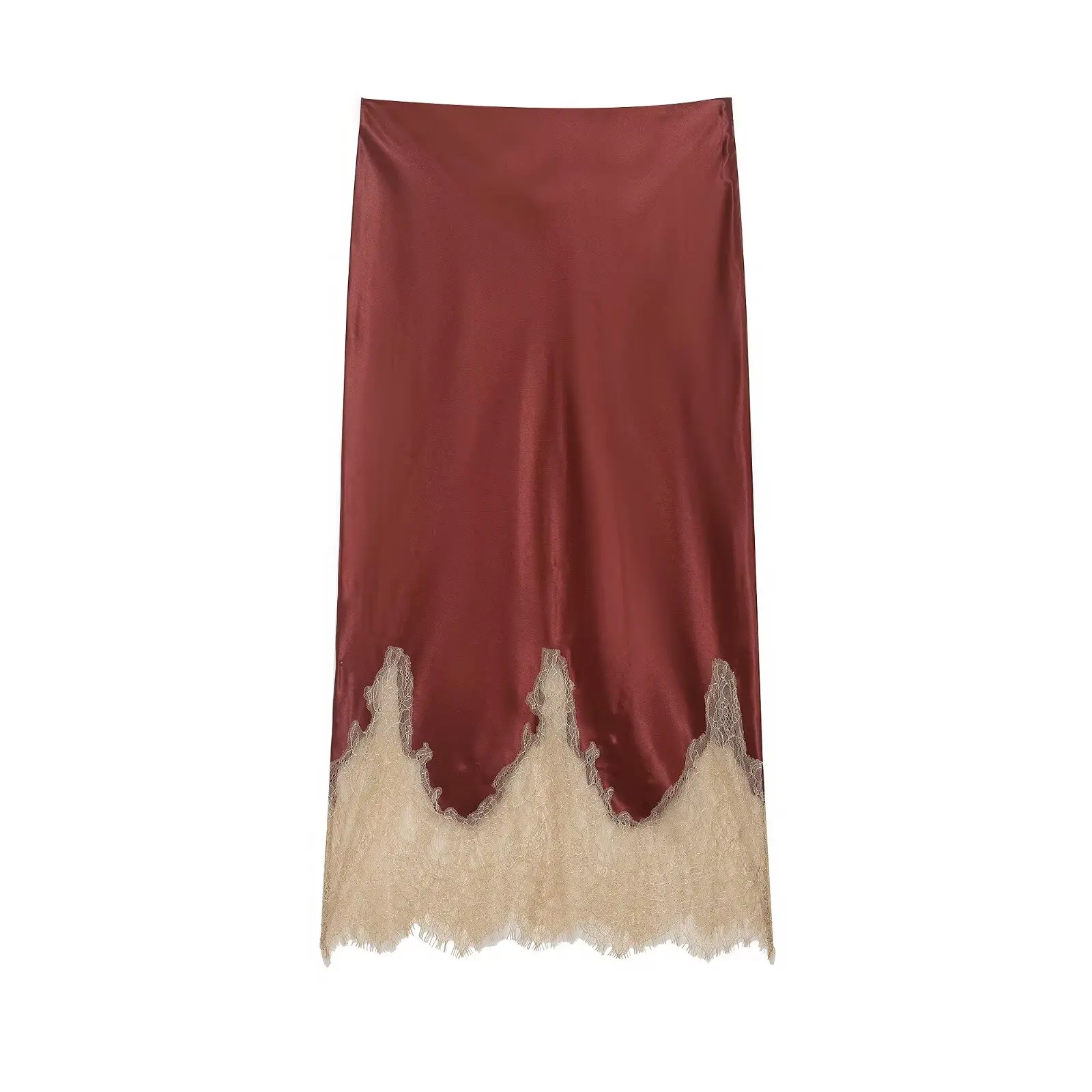 HH Women Elegant Fashion Patchwork Lace Hem Skirt Side Zipper High Waist Slim Midi Skirts 2026 Spring Summer Trend Lady Skirt