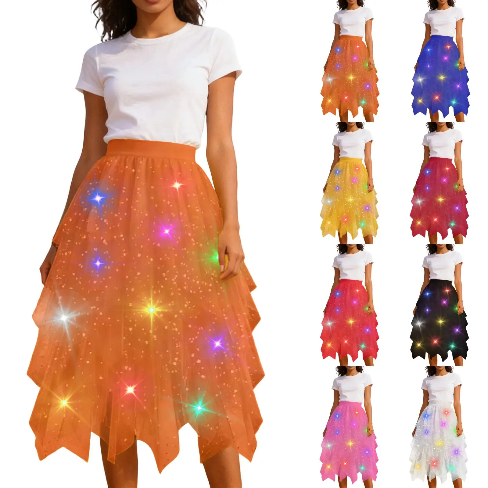 LED Glowing Light Women Tulle Star Skirt Short Tutu Skirt Adult Fancy Ballet Dancewear Party Costume Ball Gown Long Skirt