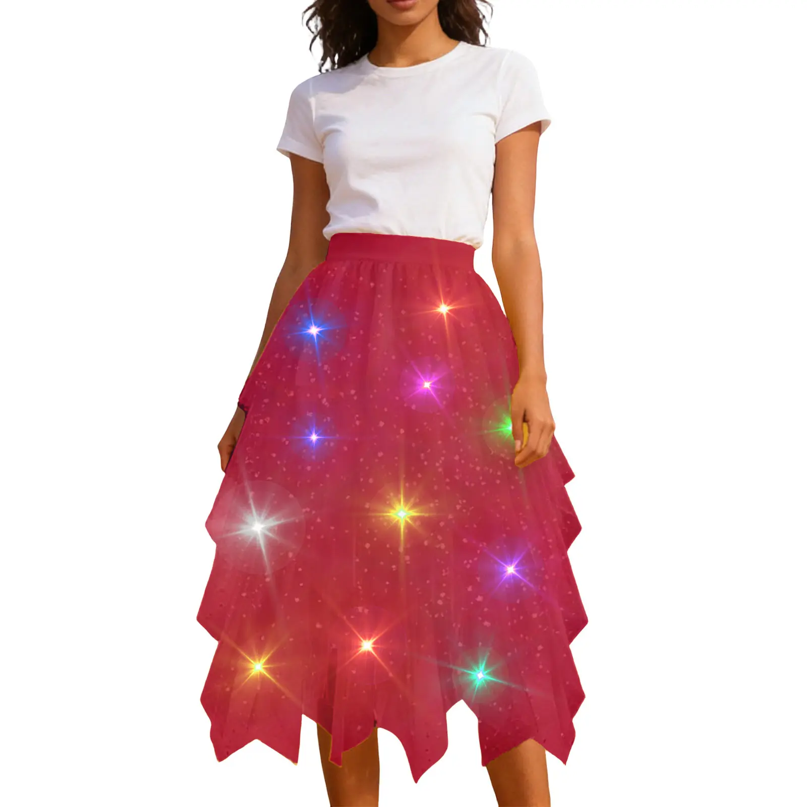 LED Glowing Light Women Tulle Star Skirt Short Tutu Skirt Adult Fancy Ballet Dancewear Party Costume Ball Gown Long Skirt