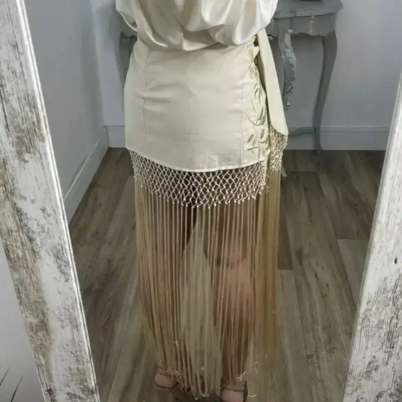 Embroidered Tassel Hem Skirt Elegant Women's Lace Up Mesh Hollow Out Short Skilt 2026 Summer New Chic Female Beach Holiday NT8W