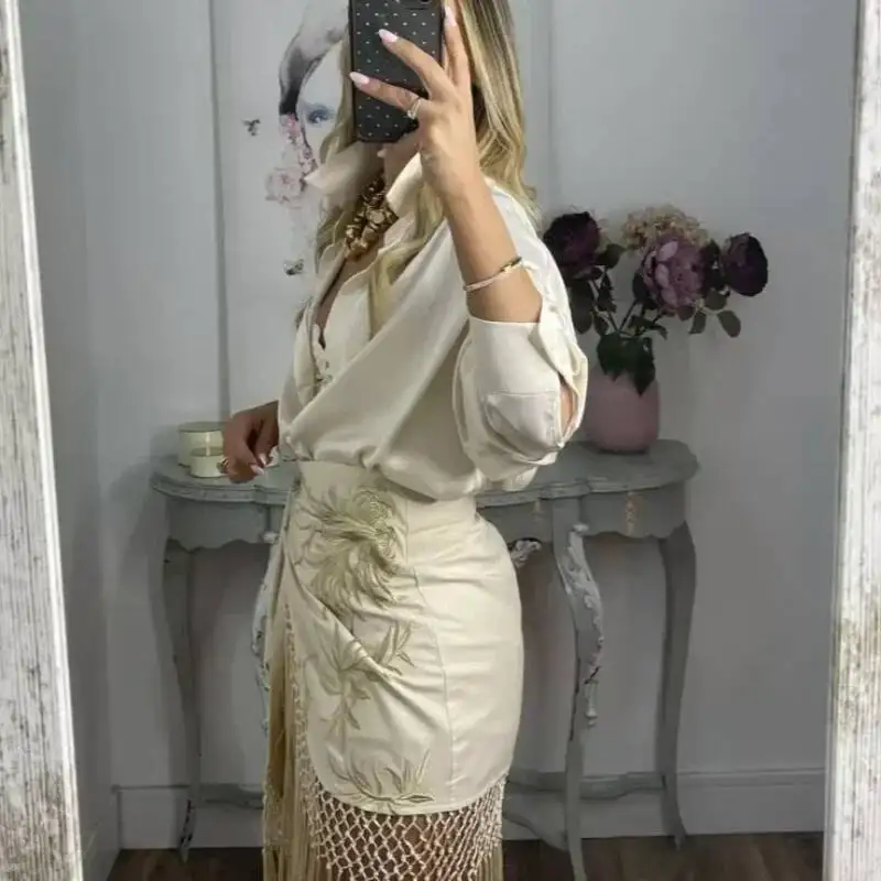 Embroidered Tassel Hem Skirt Elegant Women's Lace Up Mesh Hollow Out Short Skilt 2026 Summer New Chic Female Beach Holiday NT8W
