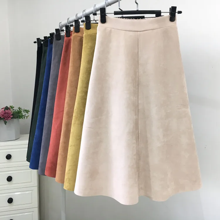REALEFT New 2025 Autumn Winter Women Suede Midi Skirts High Waist Multi Color Elegant A-Line Skirts Umbrella Ladies Skirt Female