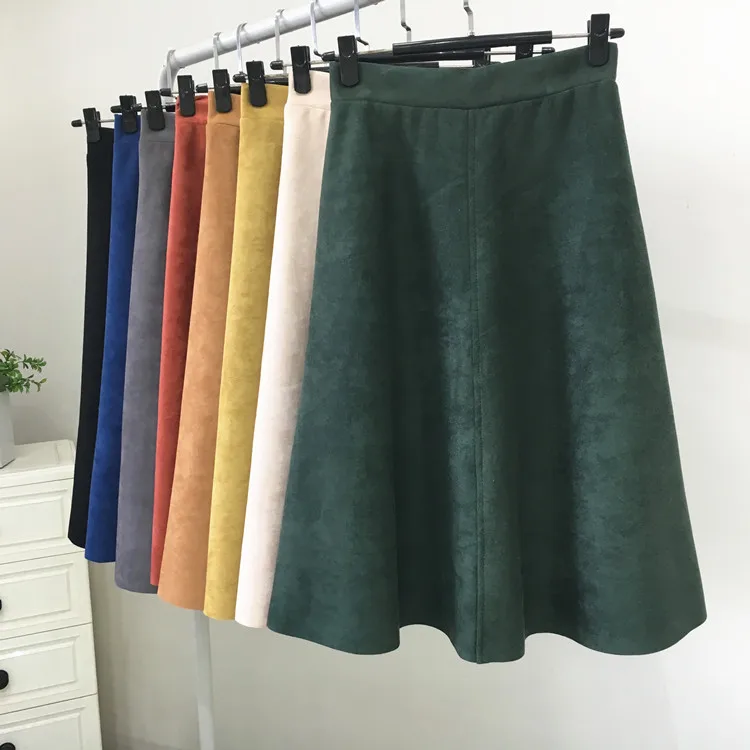 REALEFT New 2025 Autumn Winter Women Suede Midi Skirts High Waist Multi Color Elegant A-Line Skirts Umbrella Ladies Skirt Female