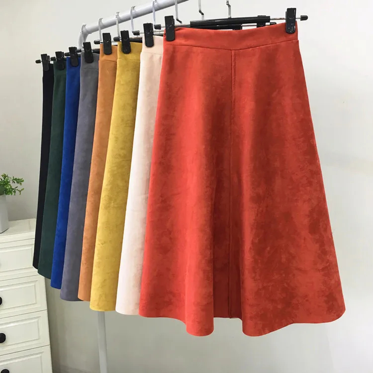 REALEFT New 2025 Autumn Winter Women Suede Midi Skirts High Waist Multi Color Elegant A-Line Skirts Umbrella Ladies Skirt Female