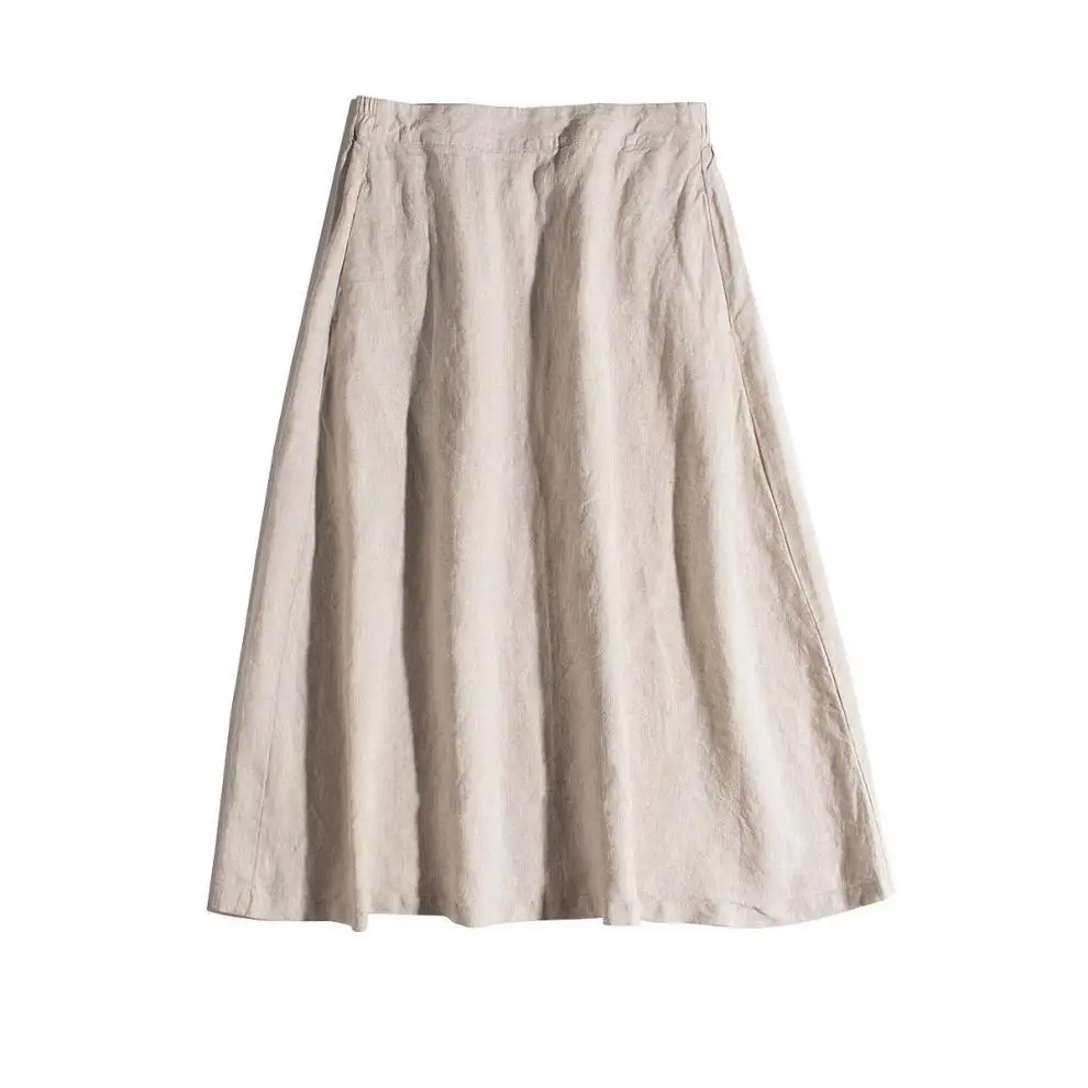 Women's Basical Cotton Linen Skirts Spring Summer Fashion Good Quality Simple Solid Color High Waist A-line Vintage Dress Female